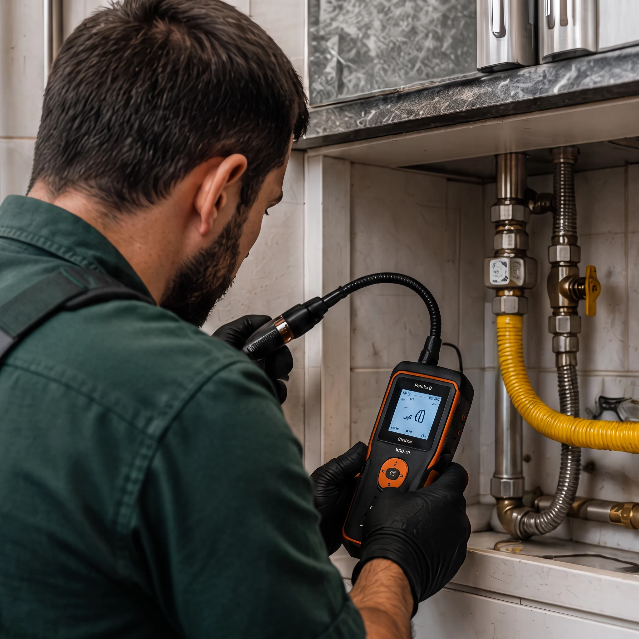 Técnico avaliando tubulação de gás em uma cozinha residencial